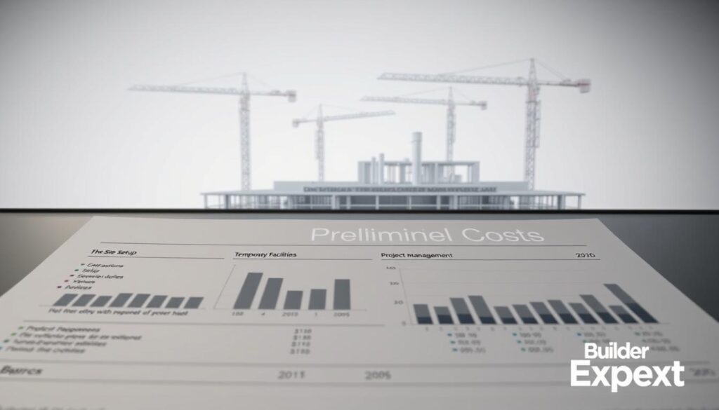 A detailed breakdown of construction preliminaries costs, showcased in a clean, minimalist style. In the foreground, a series of charts and graphs displaying the various cost components, such as site setup, temporary facilities, and project management. The middle ground features a sleek, architectural rendering of a construction site, with cranes and scaffolding in the background. The overall atmosphere is one of precision and professionalism, with muted tones and crisp lighting, conveying the technical expertise of "Builder Expert". A detailed breakdown of construction preliminaries costs, showcased in a clean, minimalist style. In the foreground, a series of charts and graphs displaying the various cost components, such as site setup, temporary facilities, and project management. The middle ground features a sleek, architectural rendering of a construction site, with cranes and scaffolding in the background. The overall atmosphere is one of precision and professionalism, with muted tones and crisp lighting, conveying the technical expertise of "Builder Expert".