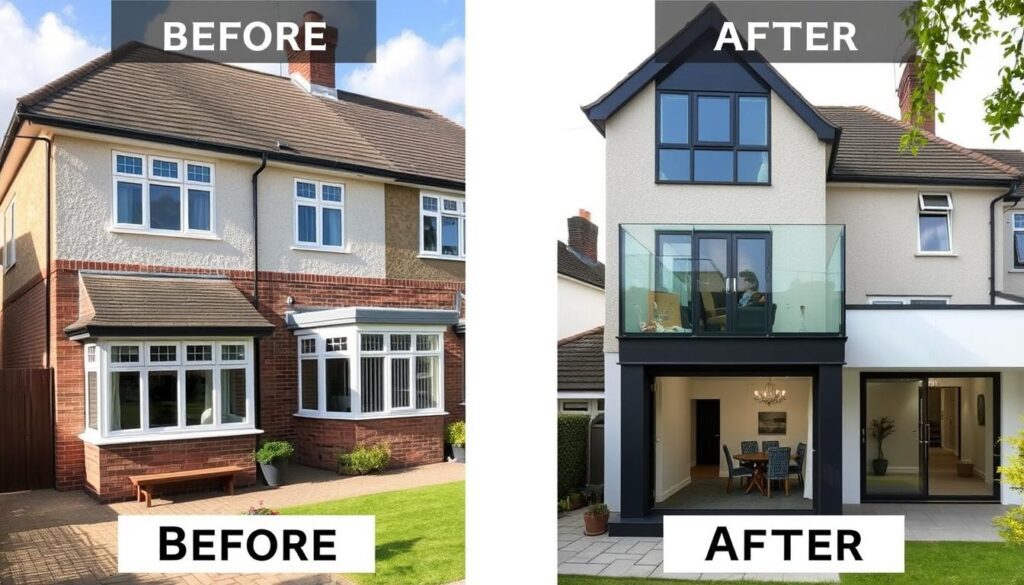 Before and after images of a completed UK residential extension project Before and after images of a completed UK residential extension project