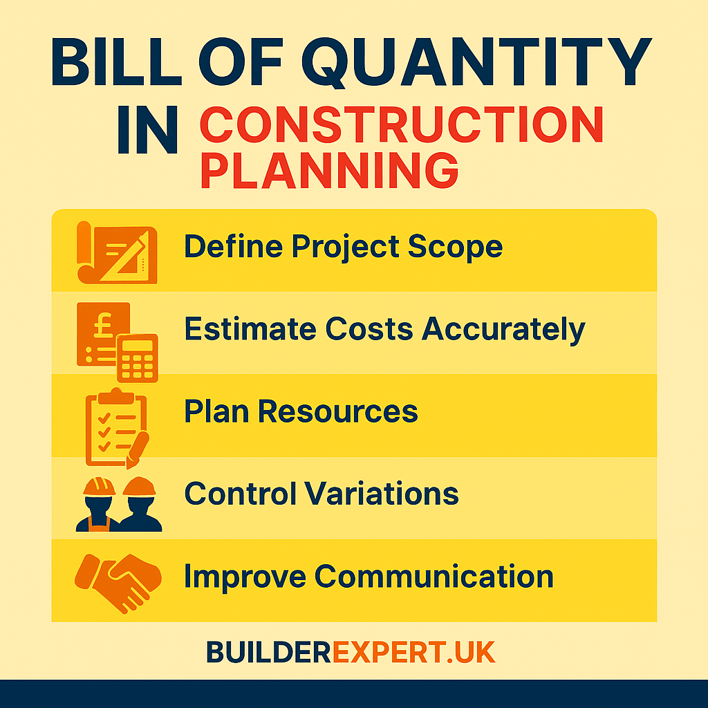 Why a Bill of Quantity in Construction Planning Is Essential for Accurate Builder Quotes 10 Bill of Quantity in Construction Planning infographic by Builder Expert showing how BoQ helps define scope, estimate costs, and control variations.