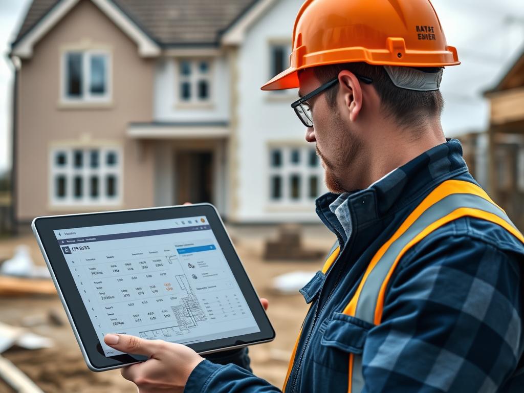 Builder using digital estimating software on tablet at construction site Builder using digital estimating software on tablet at construction site