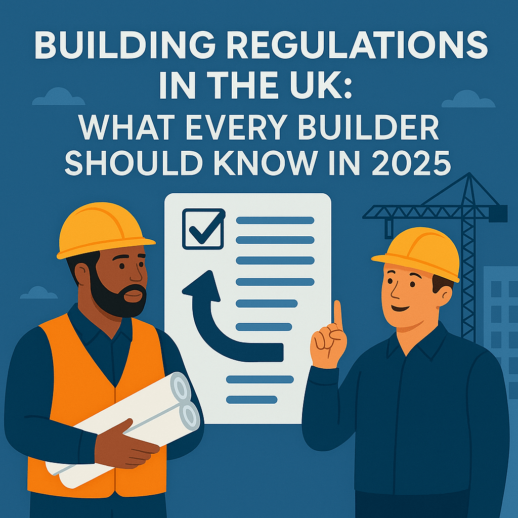 Two construction workers reviewing building regulation documents with cranes and checklists in the background — themed “Building Regulations in the UK: What Every Builder Should Know in 2025.