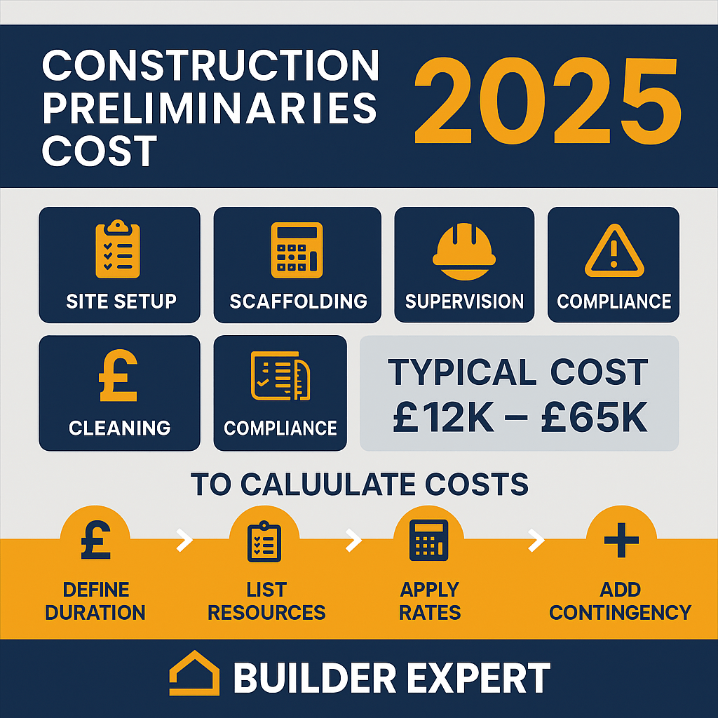 Construction Preliminaries Cost 2025: Full Estimating Guide for UK Builders 1 Infographic showing Construction Preliminaries Cost 2025 with Builder Expert branding in orange, navy, yellow, white, and grey. Displays key prelim categories like site setup, scaffolding, supervision, welfare, cleaning, and compliance with UK cost ranges (£12k–£65k). Includes icons of clipboard, calculator, blueprint, and £ symbol, plus Builder Expert logo and builderexpert.uk at the bottom.