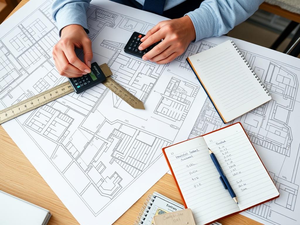 Construction professional doing manual takeoff from printed blueprints with calculator and scale ruler Construction professional doing manual takeoff from printed blueprints with calculator and scale ruler