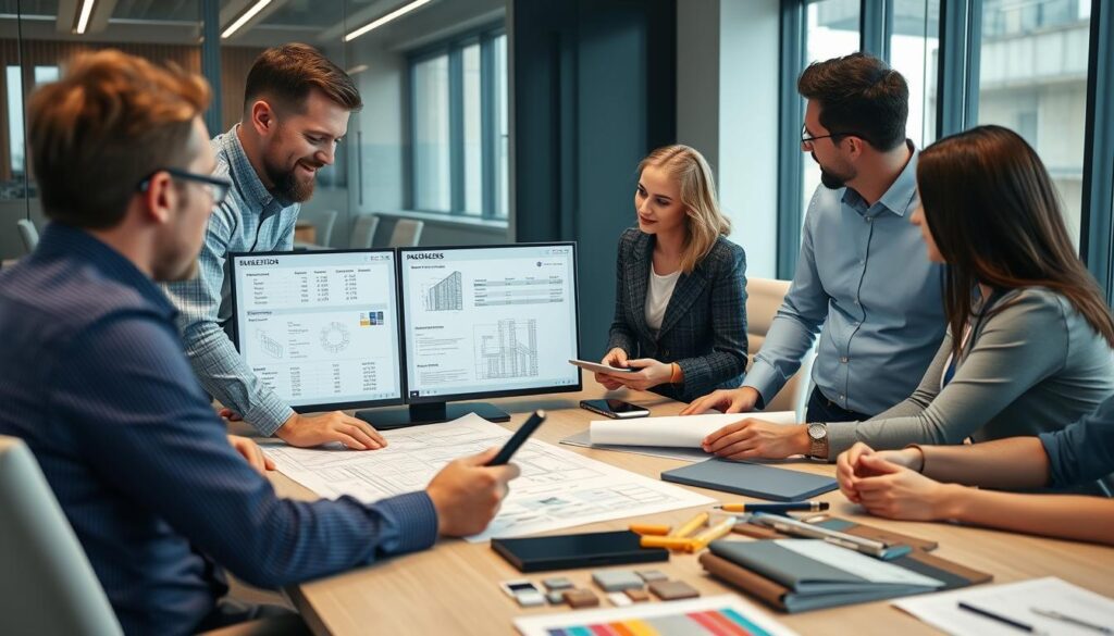 Construction team collaborating on a detailed building estimate Construction team collaborating on a detailed building estimate