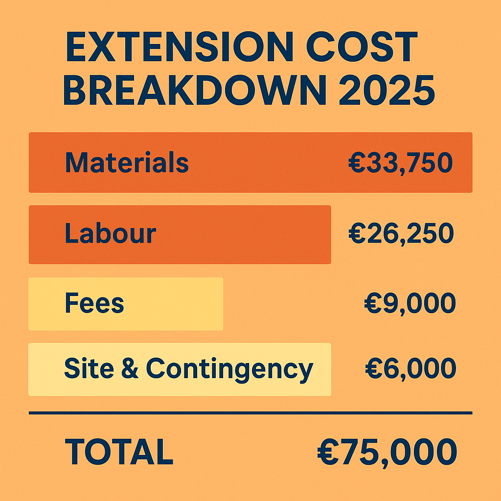 Extension Cost Breakdown 2025: Materials, Labour & Fees Explained 1 Extension cost breakdown 2025 chart showing materials, labour, fees, and contingency for a £75,000 UK single-storey extension.