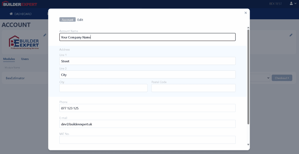 How to Edit Your Company Details and Branding in Builder Expert 4 Company details page – “Company details section where users can update name, address, and VAT number.”
