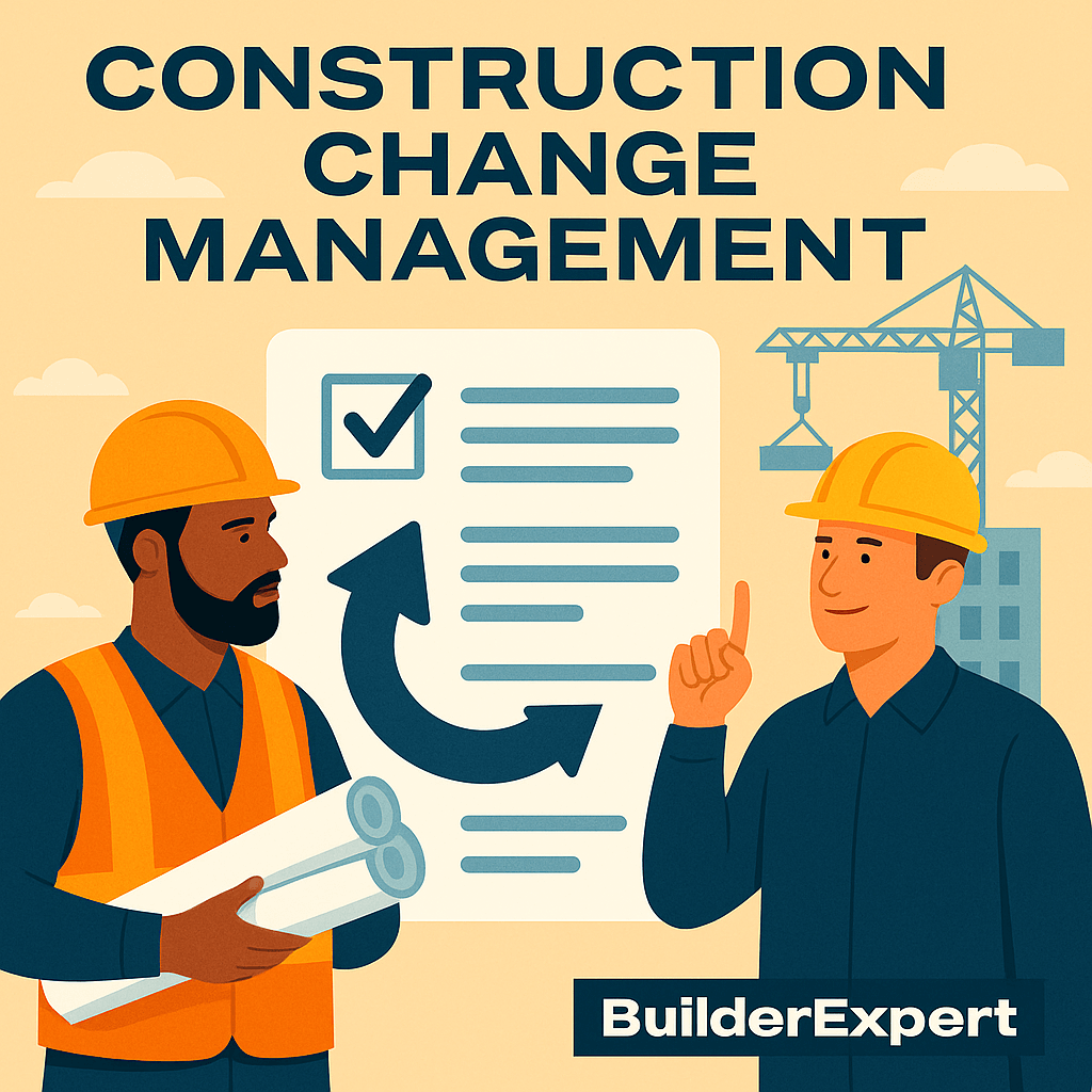 Flat-style illustration with the title 'Construction Change Management.' Two construction workers in safety gear discuss project updates in front of a large change order document featuring a checkmark and curved arrows. A crane and partially built structures appear in the background, representing project adaptation and process control