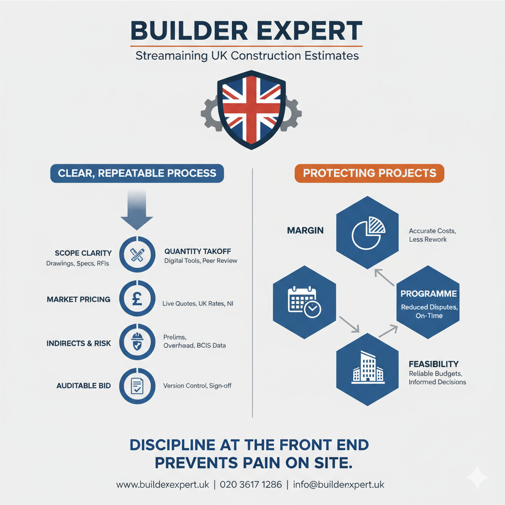 Streamlining the Construction Estimating Process in UK 2 Infographic titled 'Streamlining UK Construction Estimates,' visually detailing the four-step process for a clear, repeatable workflow and the resulting benefits of protecting margin, programme, and feasibility.