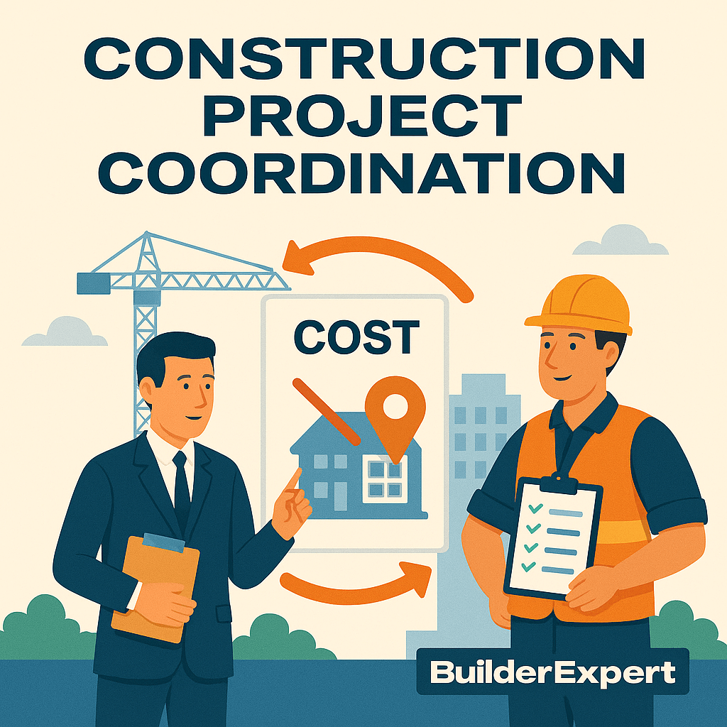 Flat-style illustration with the title 'Construction Project Coordination.' A suited project coordinator and a construction worker exchange plans and checklists, connected by circular arrows symbolizing teamwork. A crane, house blueprint with a location pin, and city buildings appear in the background to represent organized communication and project management