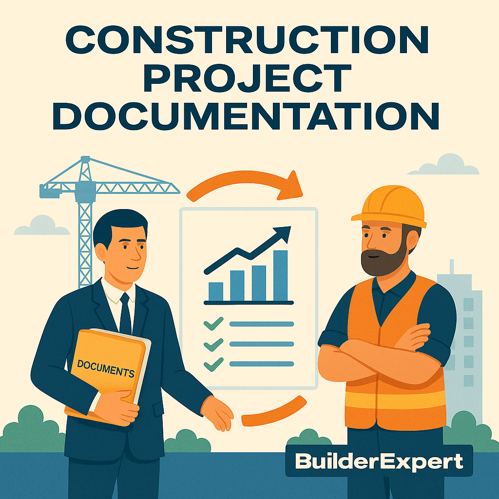 Flat-style illustration with the title 'Construction Project Documentation.' A suited project manager holds a folder labeled 'Documents' while discussing with a construction worker in safety gear. Between them is a large chart with checklists and a growth graph, symbolizing organized project paperwork and reporting, with a crane and buildings in the background