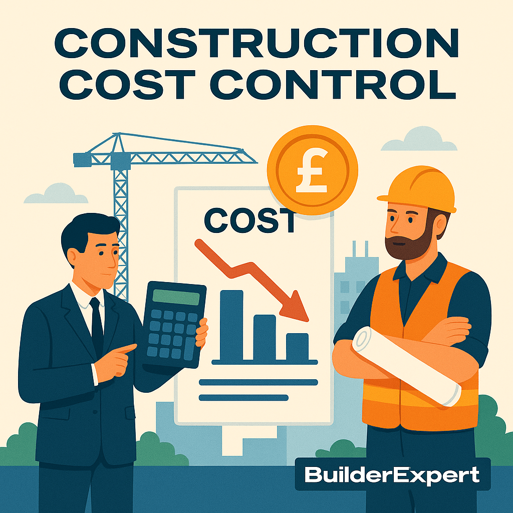 Flat-style illustration with the title 'Construction Cost Control.' A suited professional holds a calculator while pointing to a cost chart showing a downward red arrow. A construction worker with blueprints stands on the right, with a pound currency icon, crane, and buildings in the background, symbolizing financial management in construction.