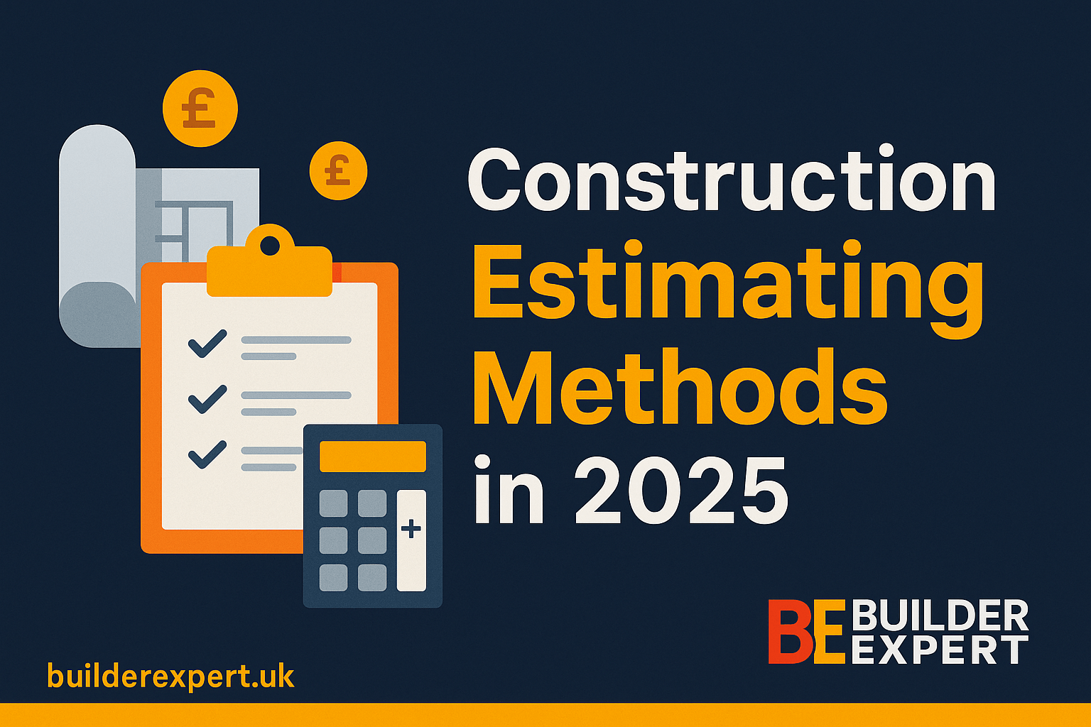 How to Use Construction Estimating Methods in 2025 (Without Guesswork) 2 🖼️ Alt Text:Banner image titled Construction Estimating Methods in 2025 featuring calculator, blueprint, and £ icons in Builder Expert’s orange, navy, and yellow construction theme.