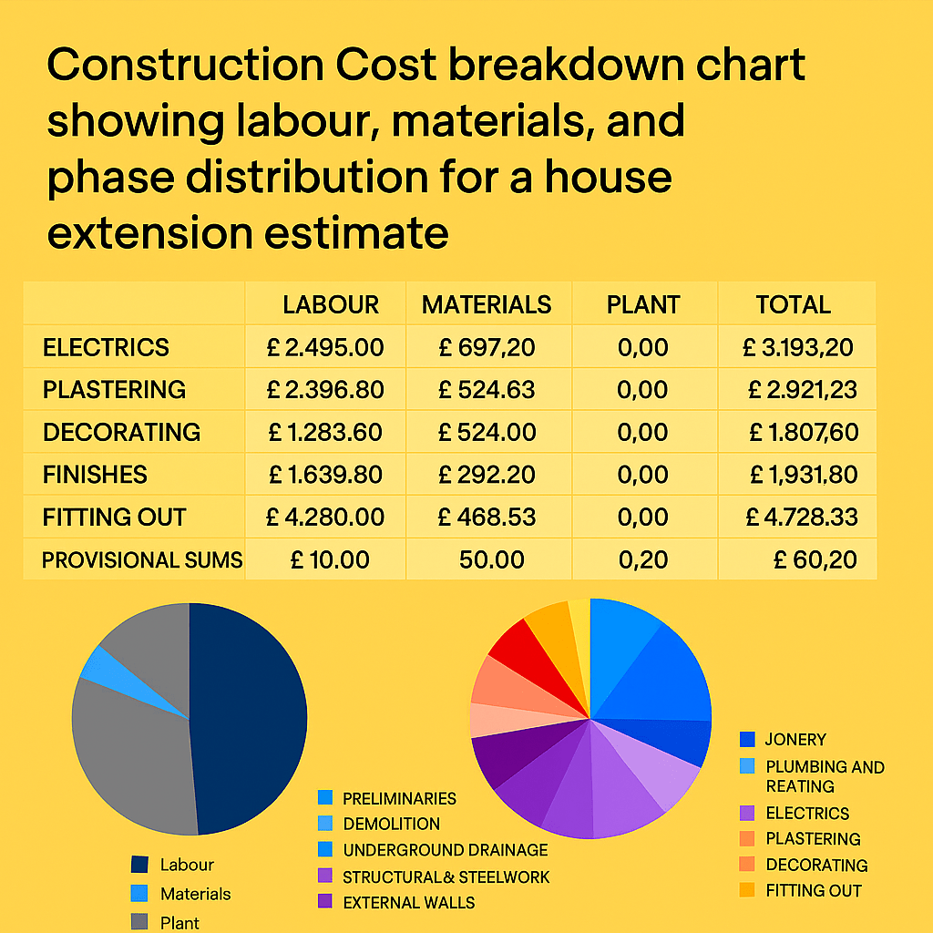 How to Estimate a House Extension in 2025 (Step-by-Step for UK Builders) 1 Extension cost breakdown chart used to Estimate a House Extension in 2025 with materials, labour, and phase data