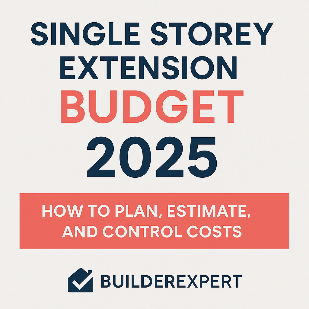 Single Storey Extension Budget: How to Plan, Estimate, and Control Costs in 2025 1 Single storey extension budget 2025 graphic showing planning and estimating guide by Builder Expert