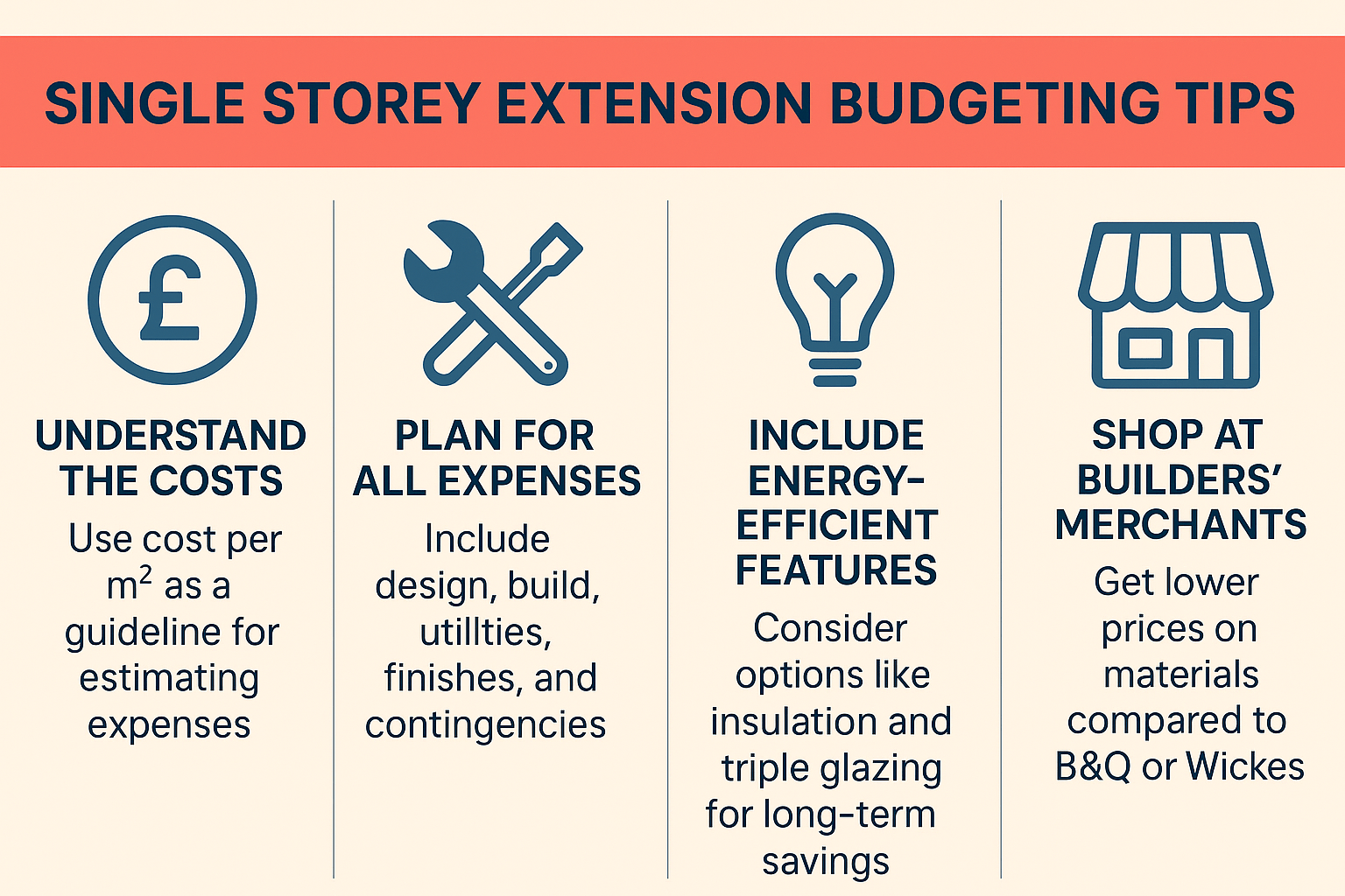 Single Storey Extension Budget: How to Plan, Estimate, and Control Costs in 2025 2 Single storey extension budgeting infographic showing cost, planning, energy efficiency, and savings tips.