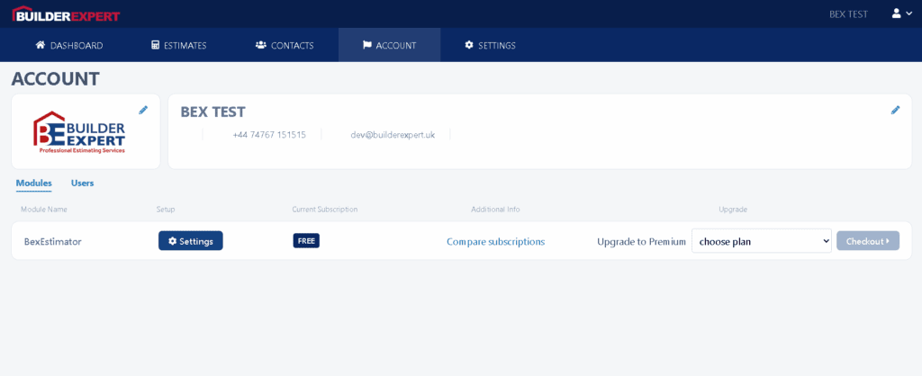 How to Edit Your Company Details and Branding in Builder Expert 2 Dashboard account link screenshot – “Branding in Builder Expert dashboard showing the Account link in the top menu