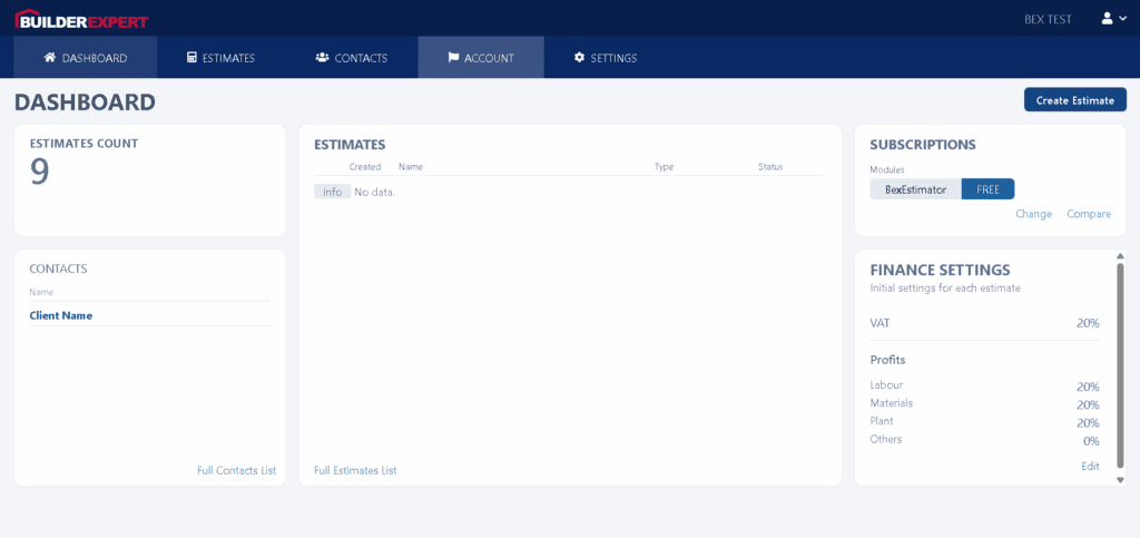 How to Edit Your Company Details and Branding in Builder Expert 1 Dashboard account link screenshot – “Builder Expert dashboard showing the Account link in the top menu