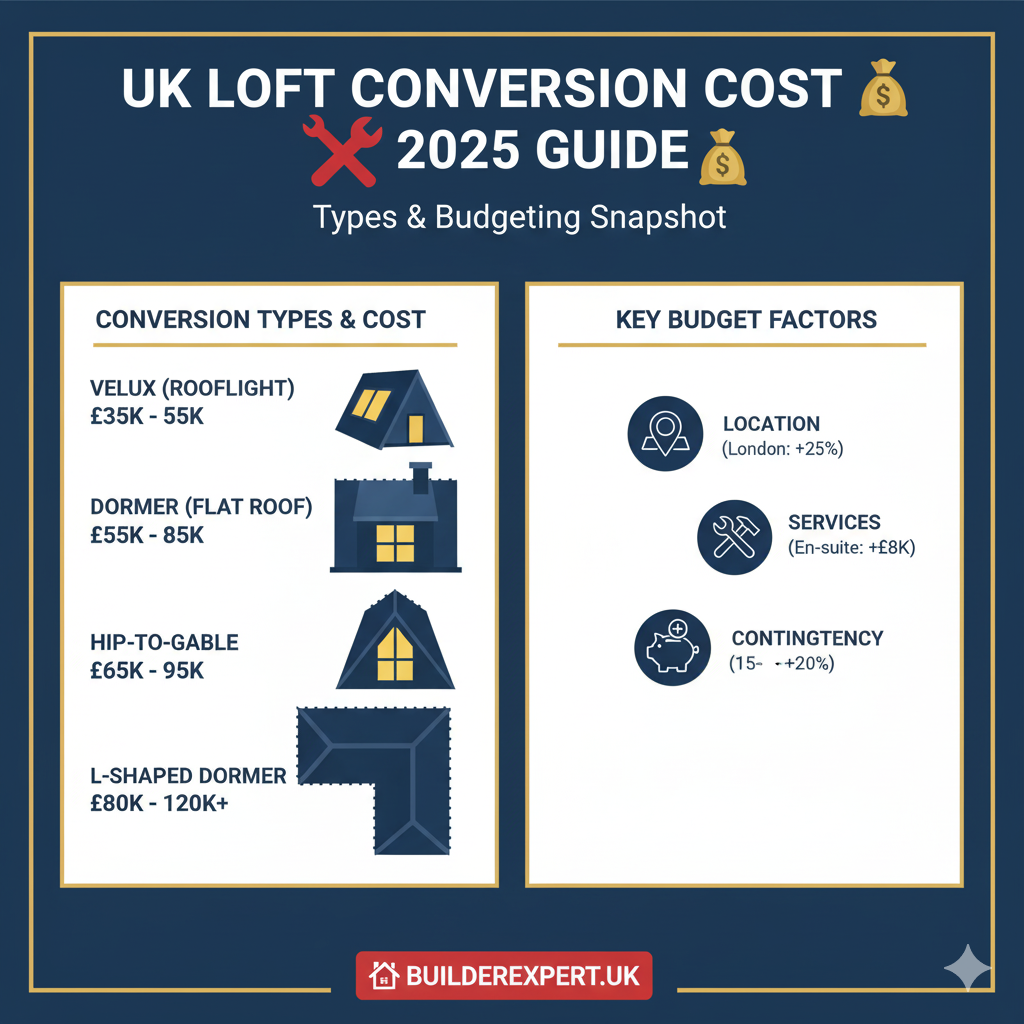 Loft Conversion Types and How They Affect Construction Cost (UK 2025 Guide) 1 A horizontal infographic comparing the estimated loft conversion cost, complexity, and timelines for the five main UK loft conversion types in 2025: Velux, Dormer, Hip-to-Gable, L-Shaped Dormer, and Mansard.