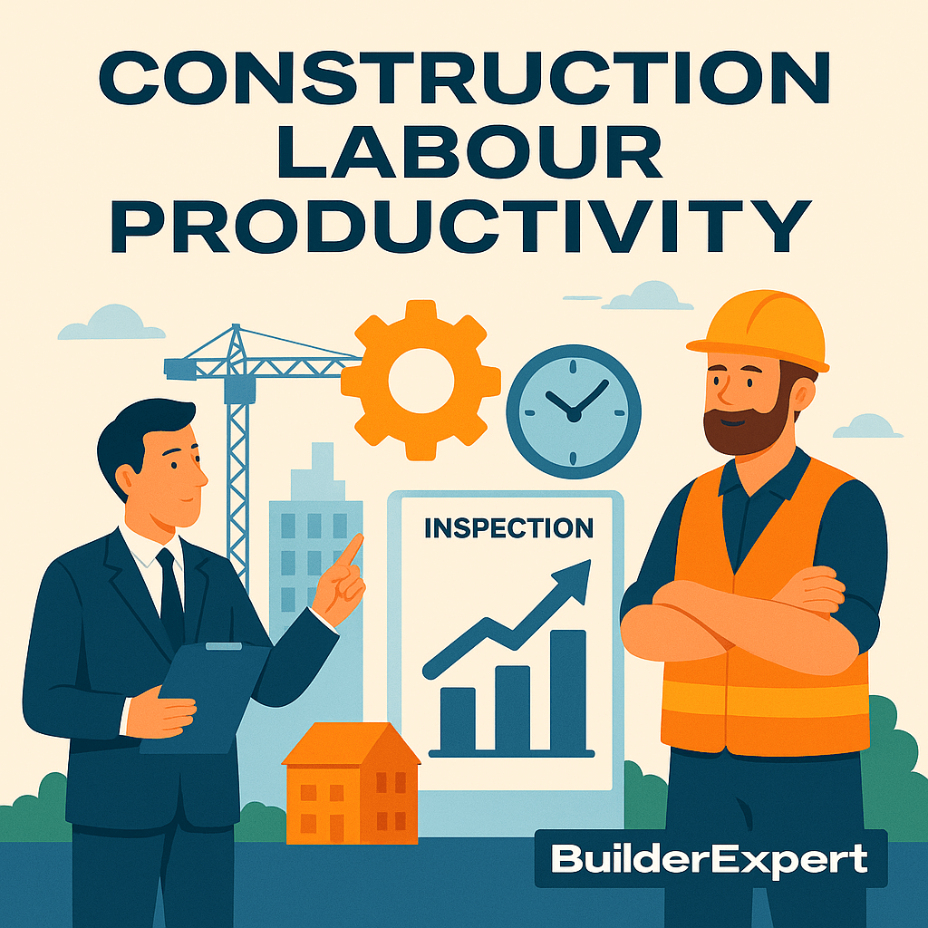 Flat-style illustration with the title 'Construction Labour Productivity.' A suited professional points to a rising graph labeled 'Inspection,' with icons of a gear and clock above it. A construction worker in safety gear holds blueprints, with a crane and buildings in the background, symbolizing efficiency and workforce management in construction.