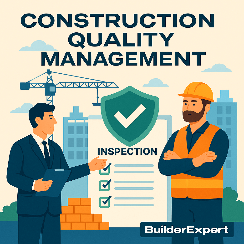 Flat-style illustration with the title 'Construction Quality Management.' A suited professional holds a clipboard and points to an inspection checklist, while a construction worker in safety gear stands with arms crossed. A large green shield with a checkmark and a crane with buildings in the background symbolize quality control in construction.