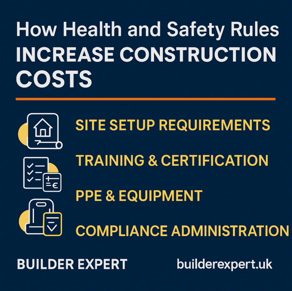 Infographic showing how Health and Safety rules increase UK construction costs in 2025, including site setup, training, PPE, and compliance administration, in Builder Expert colours.