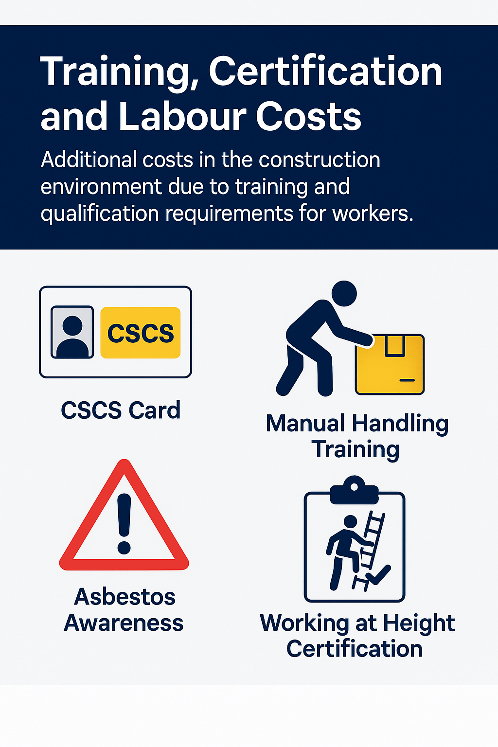 Infographic showing key training and certification requirements that increase UK construction labour costs in 2025, including CSCS cards, manual handling, asbestos awareness, and working at height training.
