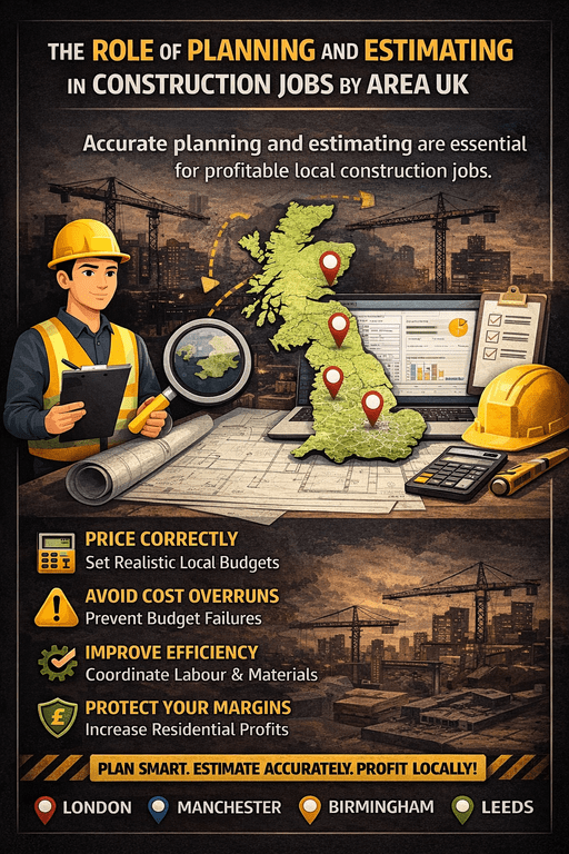 Infographic explaining the role of planning and estimating in construction jobs by area UK, showing how accurate planning helps builders control costs, improve efficiency, and protect profit margins on local residential projects