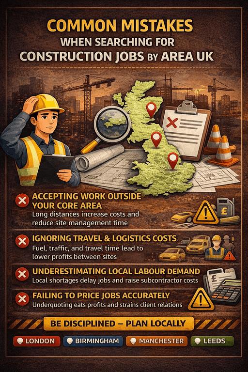 Infographic showing common mistakes when searching for construction jobs by area UK, including working outside core areas, ignoring travel costs, underestimating labour demand, and inaccurate pricing