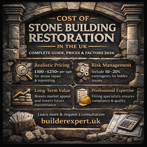 Cost_of_stone_building_restoration_50 Infographic showing the cost of stone building restoration in the UK in 2026, including prices per square metre, risk factors, long-term value, and professional restoration expertise.