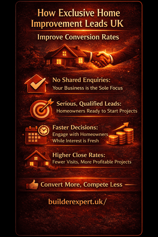 How exclusive home improvement leads Infographic showing how exclusive home improvement leads UK improve conversion rates for residential builders by removing shared enquiries and increasing close rates