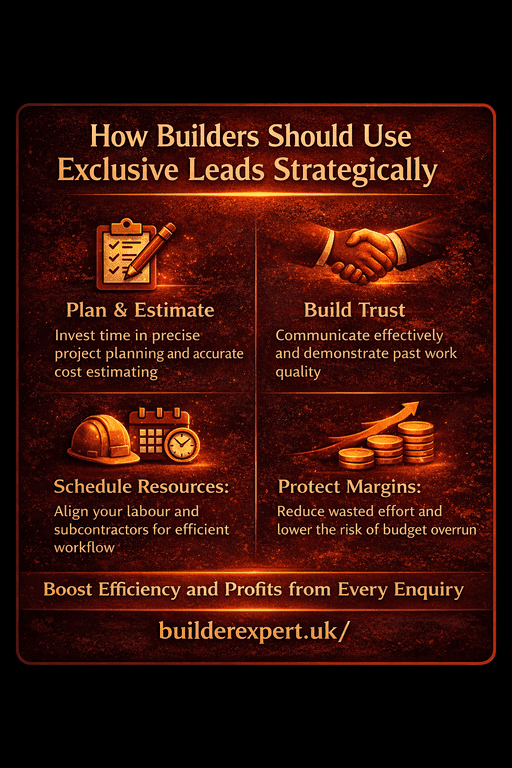 How_Builders_should_use_exclusive_leads_50 Infographic showing how builders should use exclusive home improvement leads UK strategically to plan projects, build trust, schedule resources, and protect profit margins