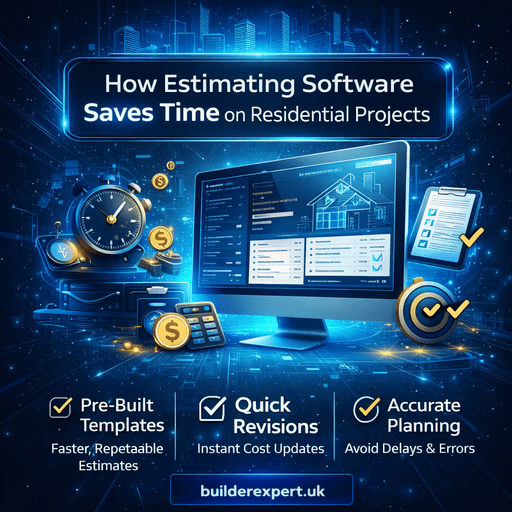 Infographic showing how estimating software saves time on residential projects, with digital dashboard, quick revisions, and Builder Expert branding