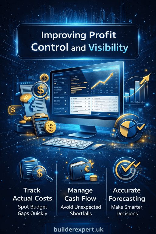 Vertical infographic showing how estimating software improves profit control and visibility in residential construction, with cost tracking, cash flow management, and Builder Expert branding