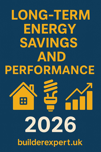 Infographic showing long-term energy savings and performance for UK residential properties, featuring Builder Expert branding and energy-efficiency icons.