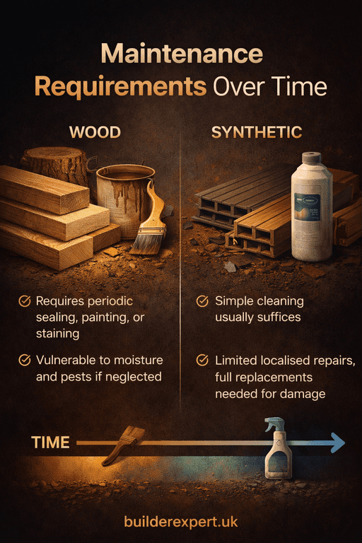 Infographic showing maintenance requirements over time for wood and synthetic building materials in residential construction, highlighting upkeep frequency and long-term care differences
