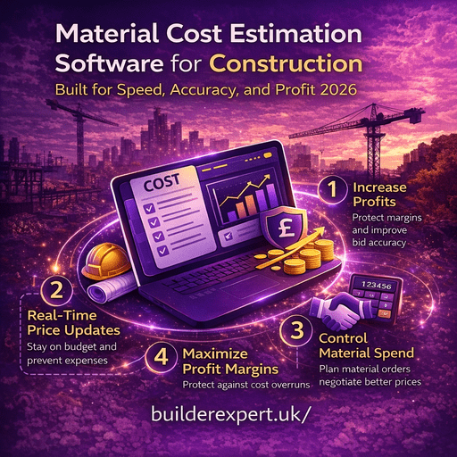 Square infographic showing material cost estimation software for construction, highlighting speed, accuracy, real-time price updates, material cost control, and profit margin protection in 2026