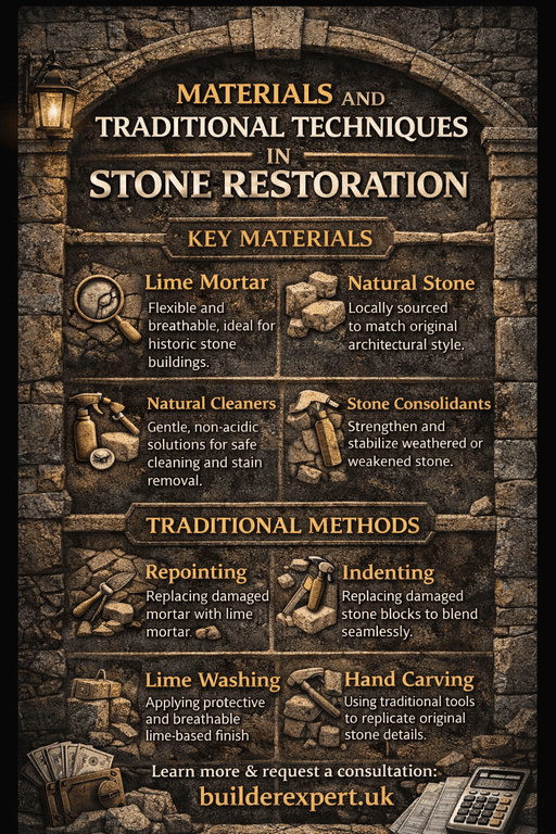 Materials_and_traditional_techniques_50 Vertical infographic explaining materials and traditional techniques used in stone restoration, including lime mortar, natural stone, repointing, and lime washing for historic buildings.