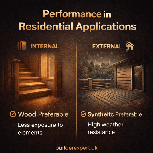 Square infographic showing performance in residential applications, comparing wood and synthetic building materials for internal and external home use