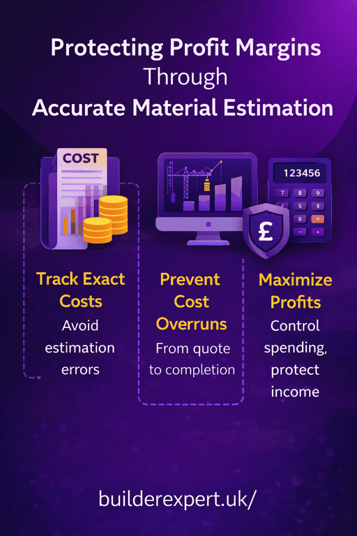 Infographic showing how accurate material cost estimation helps residential builders protect profit margins by tracking costs, preventing overruns, and maximising profitability