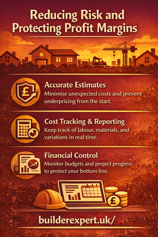 Vertical infographic showing how reducing risk and protecting profit margins is achieved through accurate construction estimating, cost tracking, and financial control for UK builders.