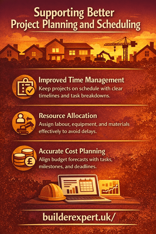 Vertical infographic showing how better project planning and scheduling improve construction delivery, highlighting accurate estimating, realistic timelines, and efficient resource planning for UK builders.