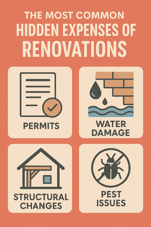 Hidden expenses of home renovations infographic with icons and text.