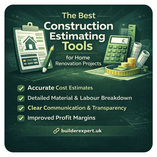 Infographic showing the best construction estimating tools for home renovation projects, highlighting accurate cost estimates, labour and material breakdown, and profit control for residential builders.