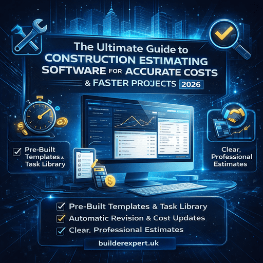Infographic showing construction estimating software for accurate costs and faster residential projects in 2026, with digital dashboard, cost breakdowns, and Builder Expert branding