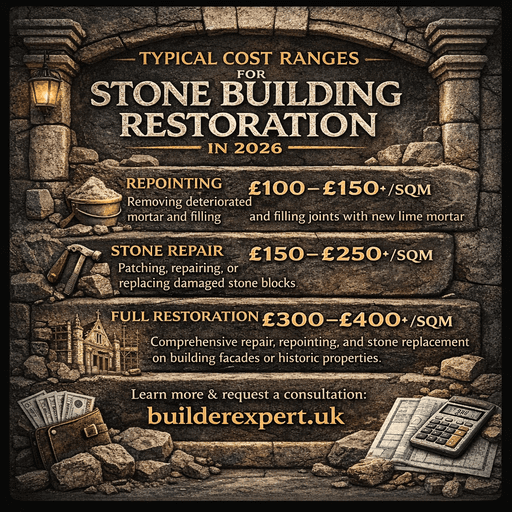 Typical_cost_ranges_1_50 Infographic illustrating typical cost ranges for stone building restoration in the UK in 2026, including repointing, stone repair, and full restoration price estimates per square metre.