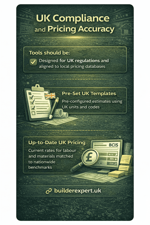 Vertical infographic highlighting UK compliance and pricing accuracy in residential renovation projects, showing UK regulations, pre-set templates, and accurate cost benchmarks for builders.