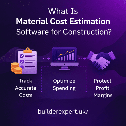 Infographic explaining what material cost estimation software for construction is, showing cost tracking, spending optimisation, and profit protection for UK builders in 2026