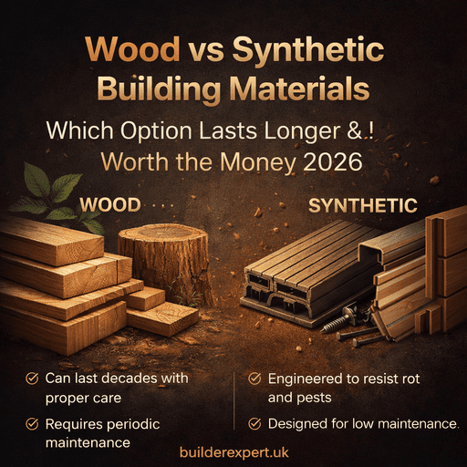 Square infographic comparing wood vs synthetic building materials in 2026, showing durability, maintenance needs, and long-term value for residential construction projects