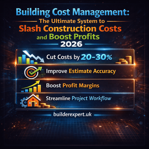 Building Cost Management infographic showing how residential builders cut construction costs and boost profits in 2026 using digital cost control systems