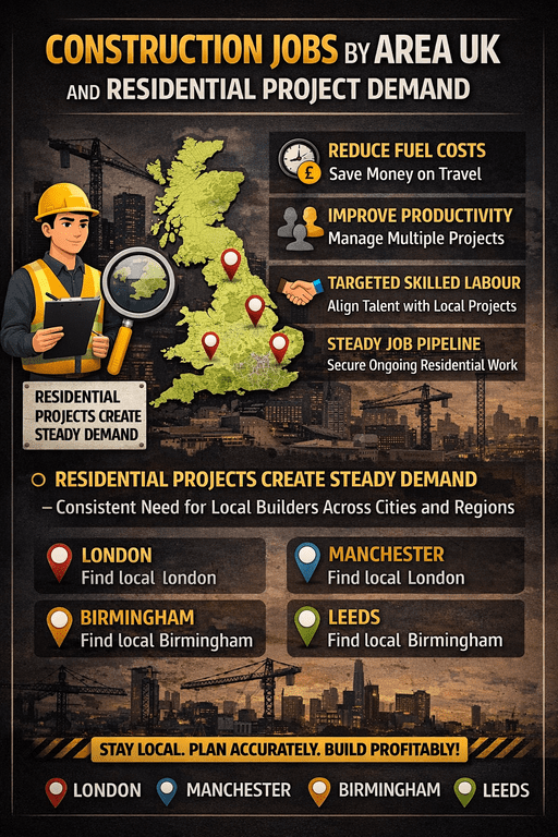 Infographic showing how residential project demand drives construction jobs by area UK, with a UK map, local project benefits, and icons highlighting productivity, cost savings, and steady local work
